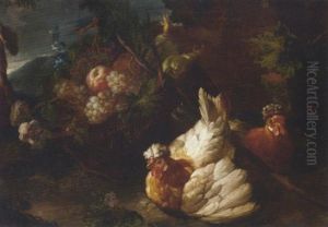 Two Hens By A Basket Of Fruit In A Landscape Two Hens By A Basket Of Fruit In A Landscape