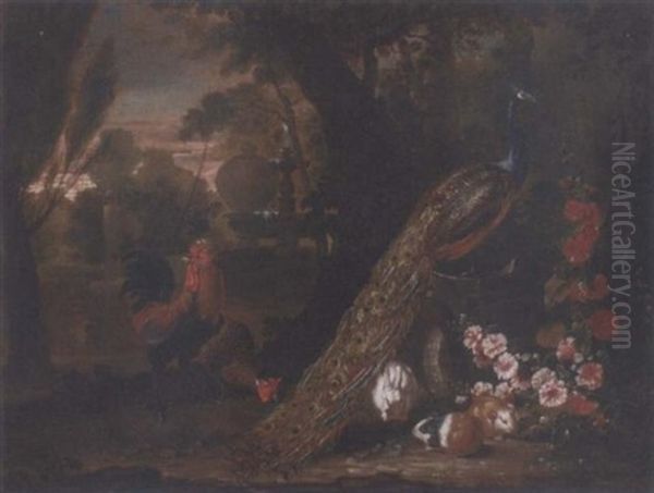 A Peacock And Cockerels, With Guinea Pigs And A Rabbit In An Italianate Garden With A Fountrain - view 1