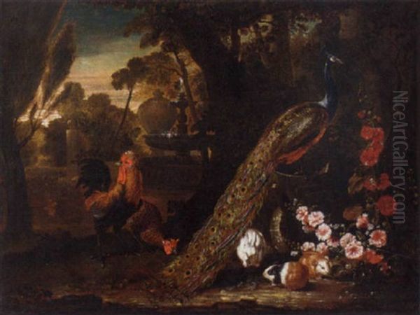 A Peacock, A Cockerel, With Guinea Pigs And A Rabbit In An Italianate Garden With A Fountain - view 1