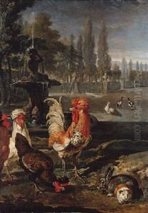 The Grounds Of A Villa With Bantams, A Rabbit, Guinea Pig And Duck, Beside A Classical Fountain The Grounds Of A Villa With Bantams, A Rabbit, Guinea Pig And Duck, Beside A Classical Fountain