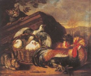 Chickens With Doves In A Basket And A Rabbit By A Partially Ruined Cornice, A Cat Looking On by David de Coninck