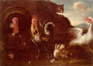 A Turkey, Hens, A Cockerel, Rabbits And A Goose Alarmed By A Cat