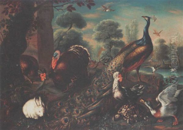 A Peacock, A Turkey, Hens, A Duck, A Turtle, A Rabbit And Birds, With Ducks In A Pool In The Background, All In A Park Landscape - view 1