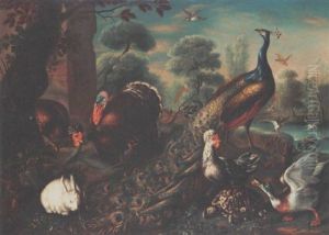 A Peacock, A Turkey, Hens, A Duck, A Turtle, A Rabbit And Birds, With Ducks In A Pool In The Background, All In A Park Landscape by David de Coninck