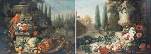 A Still Life With A Pumpkin, White Grapes, Apricots, Raspberries, A Pomegrantate Together With A Macaw In A Park Setting by David de Coninck