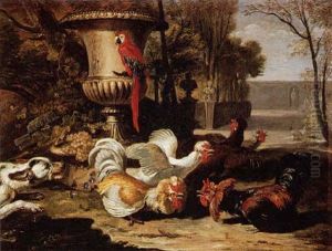 Fighting Roosters, A Parrot And A Dog In A Garden Landscape by David de Coninck