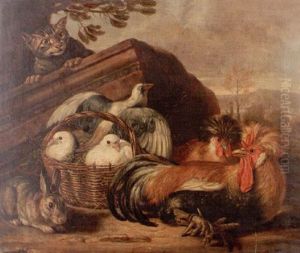 Bergslandskap Med Katt Vaktande Pa Duvor I En Korg, Tva Tuppar Och En Kanin by David de Coninck