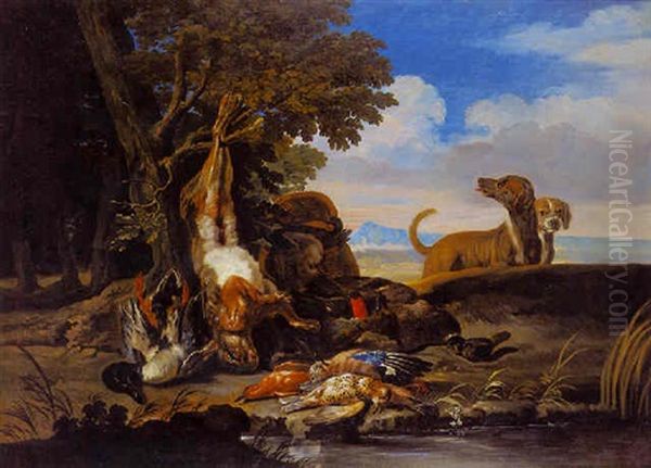 Trophees De Chasse Et Chiens Dans Un Paysage Lacustre - view 1