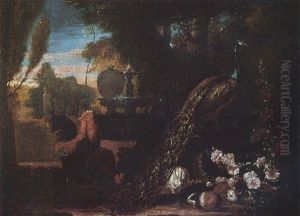 A Peacock, A Bantam Cockerel, Rabbits And Guinea Pigs In The Grounds Of A Villa