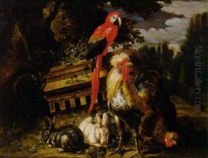 A Cockerel, A Chicken, Rabbits And A Parrot On A Pedestal By An Upturned Stone Vase By A Tree In A Classical Garden
