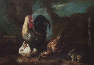 A Courtyard Scene With A Cockerel, Hen And Two Rabbits