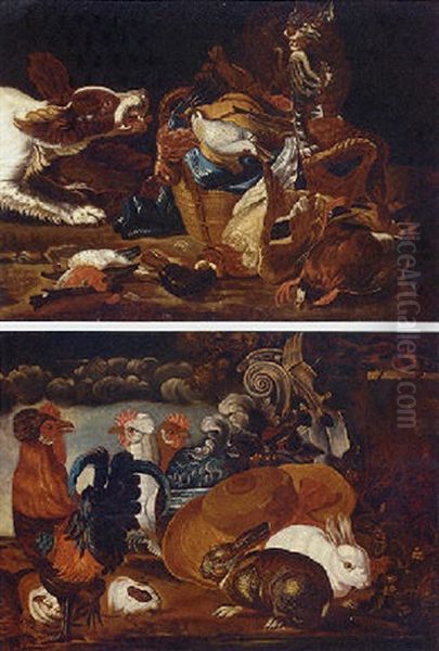 A Cat And Dog Fighting Over A Basket Of Game Birds - view 1