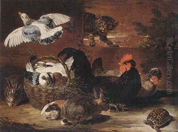 A Farmyard Scene With A Cat Surprising Pigeons In A Wicker Basket, Hens, Rabbits, A Guinea Pig And A Tortoise - view 1