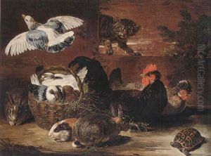 A Farmyard Scene With A Cat Surprising Pigeons In A Wicker Basket, Hens, Rabbits, A Guinea Pig And A Tortoise
