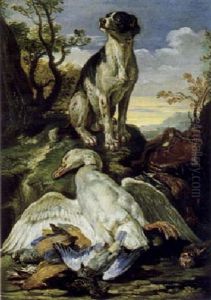 Erlegtes Federwild Von Einem Jagdhund Bewacht by David de Coninck