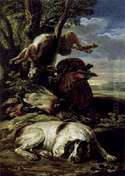Jagdstilleben In Einer Landschaft Von Einem Jagdhund Bewacht - view 1