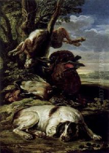 Jagdstilleben In Einer Landschaft Von Einem Jagdhund Bewacht by David de Coninck