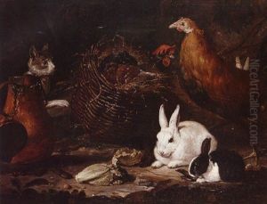 A Still Life With Rabbits, A Cockerel, Hen And A Cat In A Farmyard Setting by David de Coninck