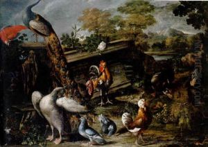 Grupo De Animales Compuesto Por : Pavo Real, Loro, Ganso Y Otras Aves Y Perro Junto Con Rosas, Uvas Y Dondiegos by David de Coninck