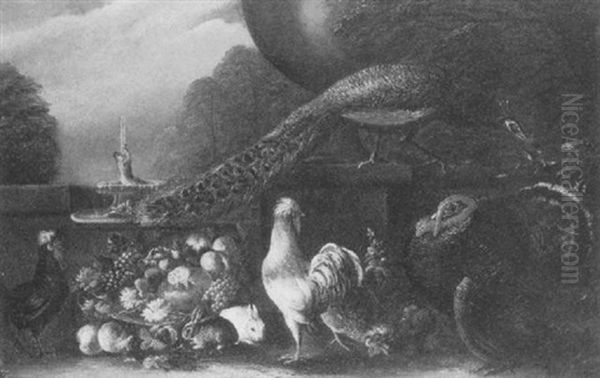 A Turkey, A Peacock, Fowl And Rabbits Beside A Basket Of Fruit In An Ornamental Garden - view 1