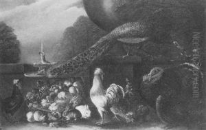 A Turkey, A Peacock, Fowl And Rabbits Beside A Basket Of Fruit In An Ornamental Garden