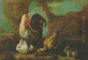 Hahn, Henne Und Zwei Kaninchen In Einer Parklandschaft by David de Coninck