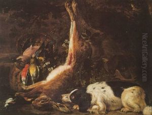 Still Life Of Hung Hare, Birds In A Basket And  Two Hounds In A Landscape