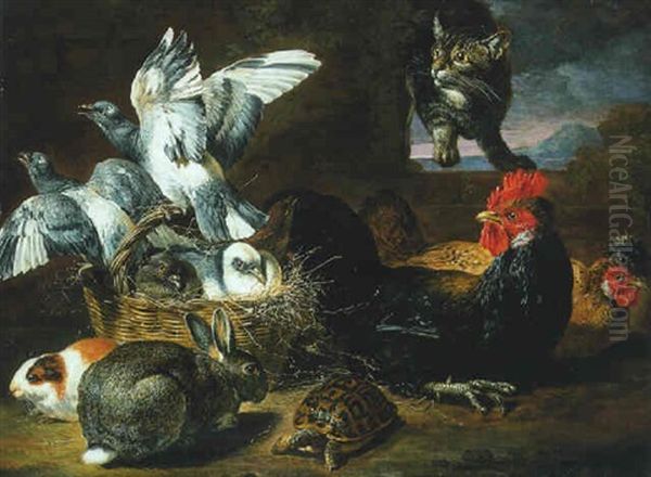 A Cat Stalking Pigeons In A Basket With Hens, A Rabbit, A Guinea Pig And A Tortoise - view 1