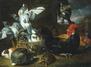 A Cat Stalking Pigeons In A Basket With Hens, A Rabbit, A Guinea Pig And A Tortoise by David de Coninck
