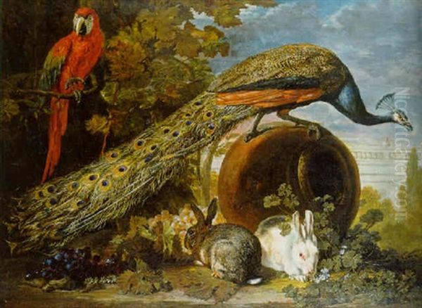 A Peacock On An Overturned Urn, A Parrot In A Tree And Rabbits And Bunches Of Grapes In A Garden - view 1