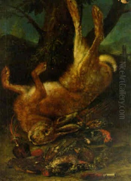 A Dead Hare, Songbirds, A Powder Flask And A Falcon's Hood On A Bank - view 1