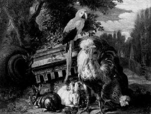 Perroquet, Coq, Lapins Et Elements D'architecture Dans Un Paysage