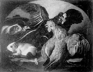 Two Cockerels Fighting And Two Guinea Pigs In A Landscape by David de Coninck