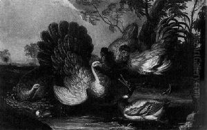 A Turkey, Chickens And A Duck By A Pond In A Landscape by David de Coninck