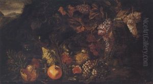 Still Life Of Fruit With A Cat, A Rabbit And A Parrot by David de Coninck