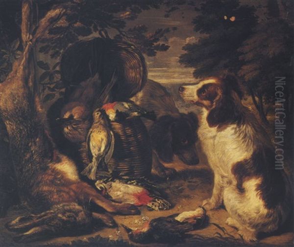 Two Spaniels Guarding The Spoils Of The Chase - view 1