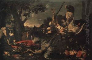 A Heron, Mallard Drake And Other Game On A Bank With Three Hounds Nearby