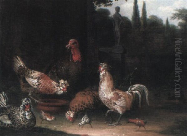 Ornamental Garden Setting With A Cockerel, Hens And Chickens - view 1