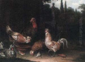 Ornamental Garden Setting With A Cockerel, Hens And Chickens
