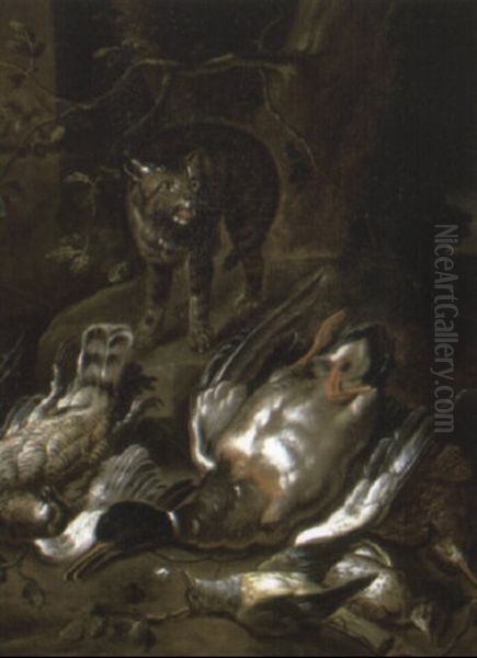 Cat On A Rocky Bank With A Dead Duck And Other Dead Birds - view 1