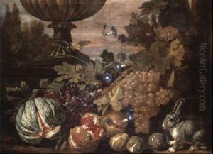 Still Life With A Rabbit Seated Beside Grapes And Other Fruit With Animals by David de Coninck