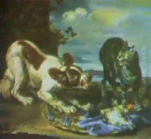 A Dog Startling A Cat & A Hound With Dead Game And A Gun by David de Coninck