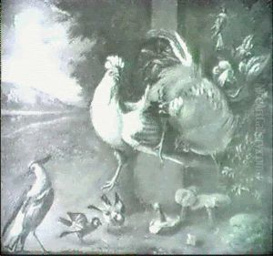 Exotic Wildfowl In A Landscape, Ruins Beyond