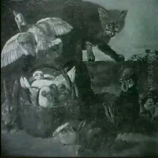 Chat Guettant Des Lapins, Pigeons Et Volailles - view 1