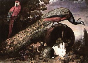 A Peacock A Parrot And Two Rabbits In An Extensive Landscape