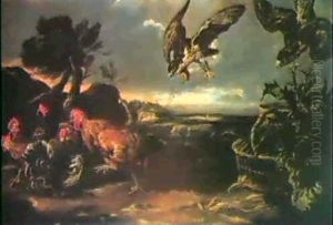 Rapaces Attaquant Des Poules Et Des Coqs Dans Un Large Paysage by David de Coninck