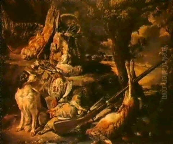 A Still Life Of Birds And Game With A Spaniel And A Musket In A Landscape - view 1