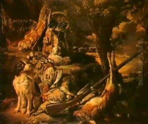 A Still Life Of Birds And Game With A Spaniel And A Musket In A Landscape by David de Coninck