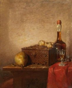 Stillleben Mit Holztruhe, Birne Und Whisky