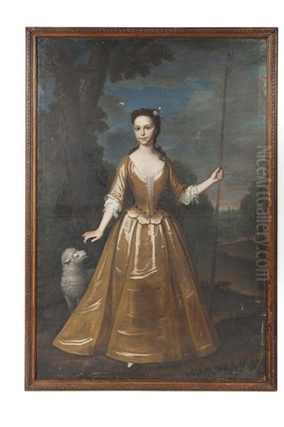Full Length Portrait Of Elisabeth King, Aged 13, In A Gold Colored Dress, Holding A Crook Beside A Sheep - view 1
